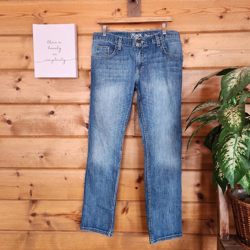 Rock 47 Wrangler Jeans Boyfriend Fit Stretch Denim Western Cowboy Sz 29(32) X32"